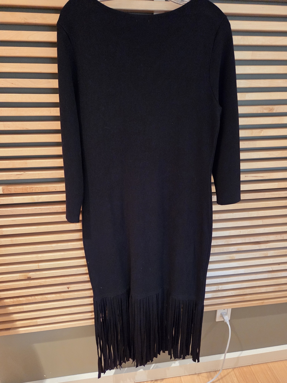 Anne Klein Black Long-Sleeve Fringe Hem Dress